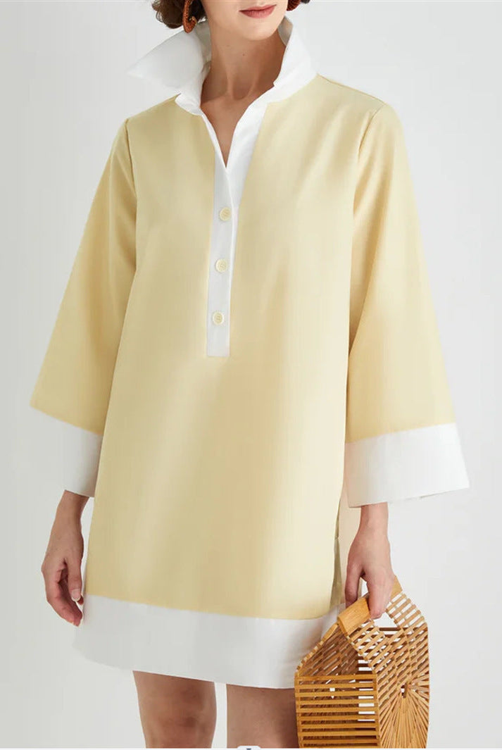 Women's Tunic Dress - Relaxed Fit - High Collar - 3/4 Sleeve - Button Front by Lumina Vancouver