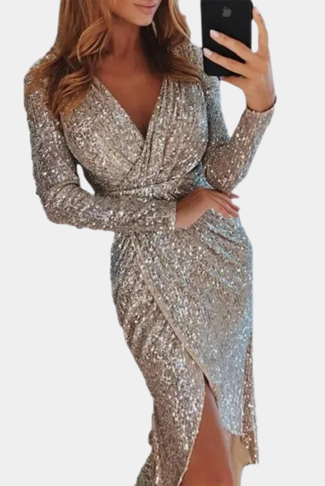 Women's Sequin Dress - Wrap Style - V-Neck - Long Sleeve - Fitted Silhouette - Slit Detail by Lumina Vancouver