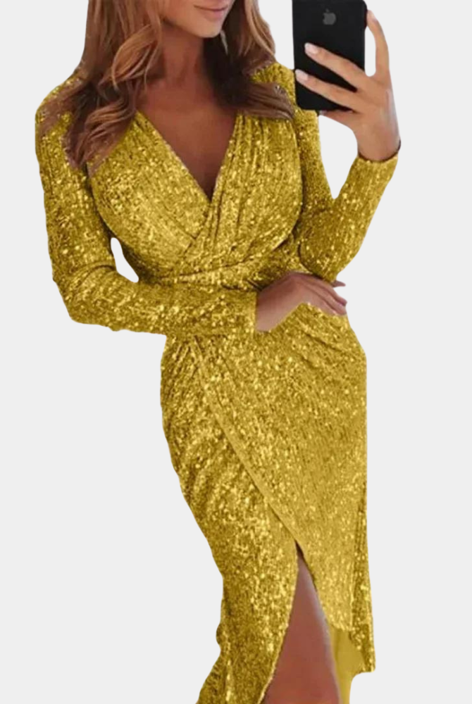Women's Sequin Dress - Wrap Style - V-Neck - Long Sleeve - Fitted Silhouette - Slit Detail by Lumina Vancouver