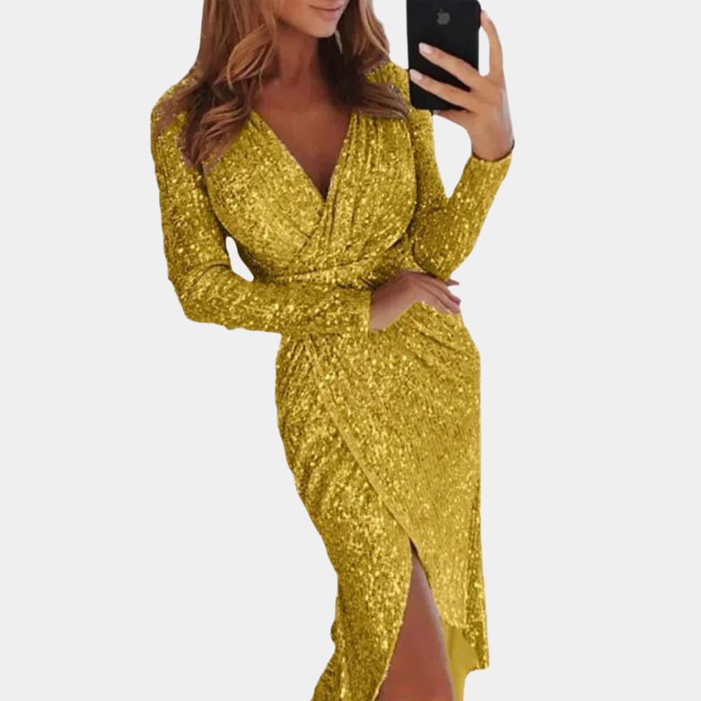 Women's Sequin Dress - Wrap Style - V-Neck - Long Sleeve - Fitted Silhouette - Slit Detail by Lumina Vancouver