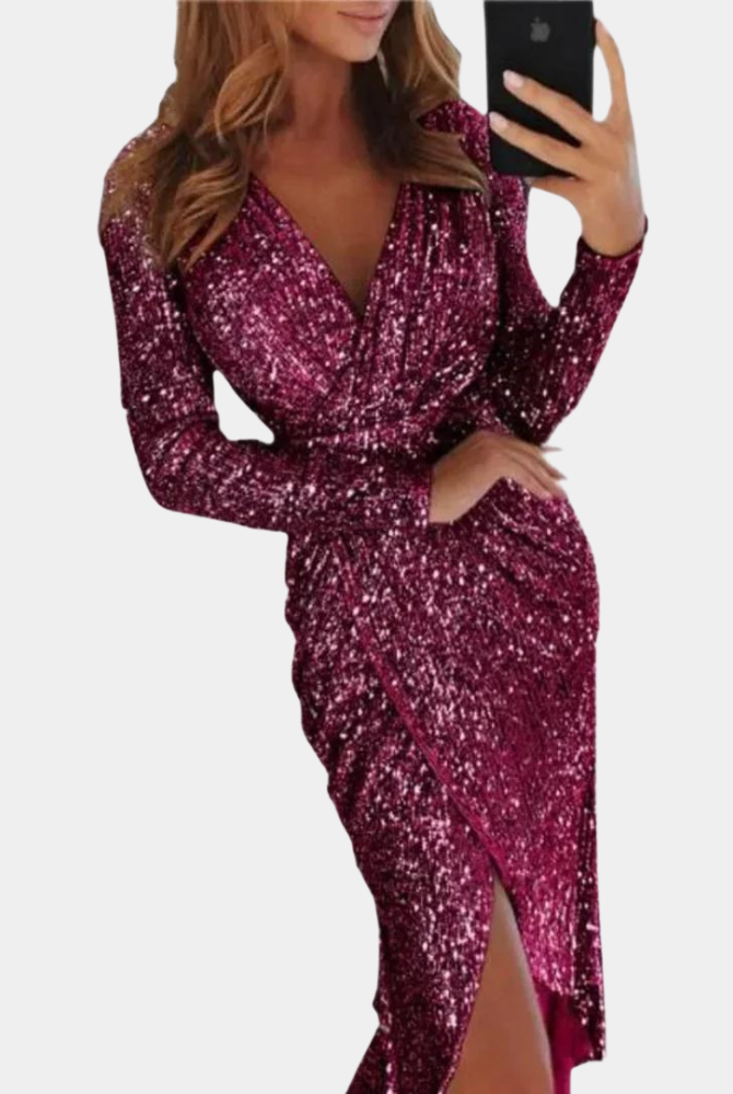 Women's Sequin Dress - Wrap Style - V-Neck - Long Sleeve - Fitted Silhouette - Slit Detail by Lumina Vancouver