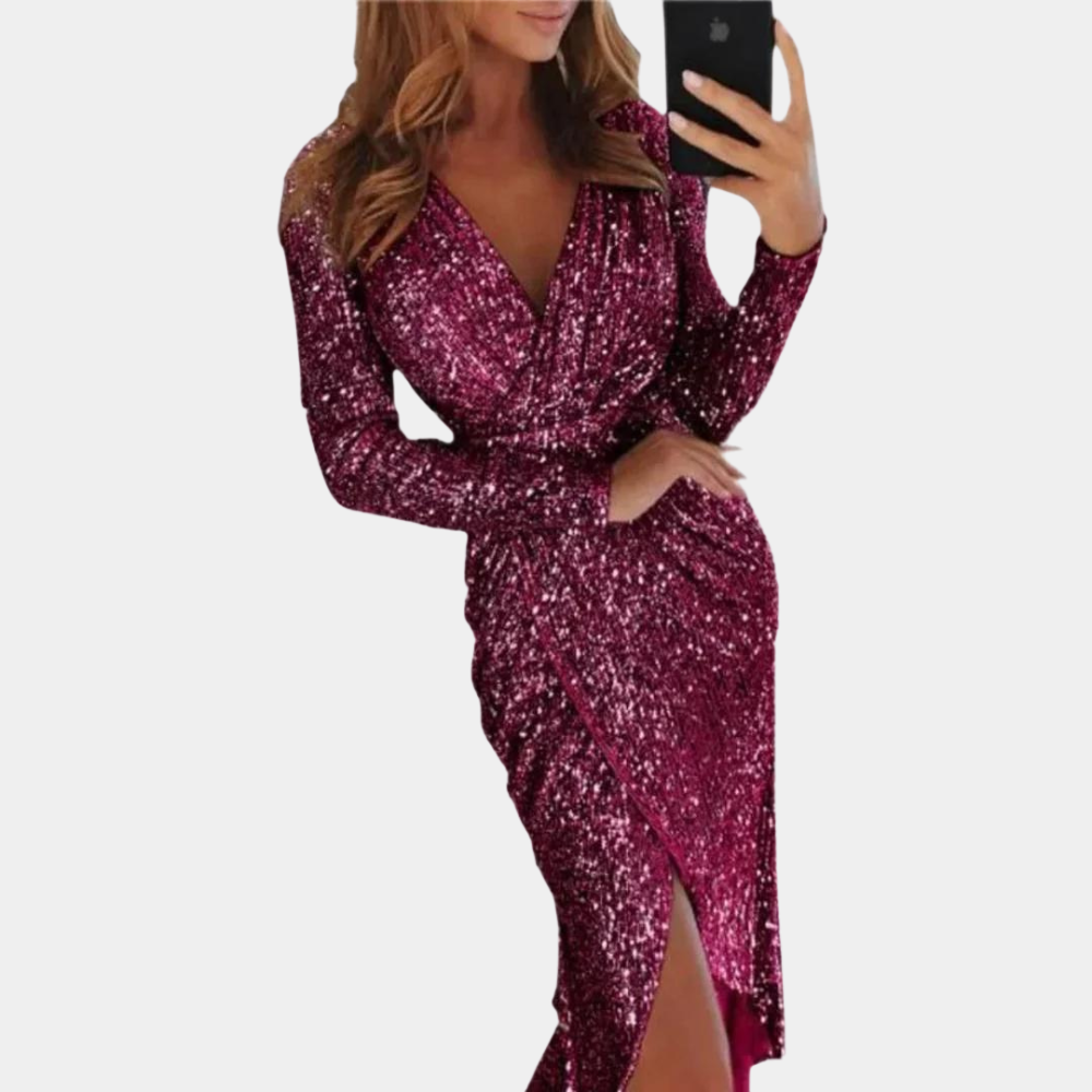 Women's Sequin Dress - Wrap Style - V-Neck - Long Sleeve - Fitted Silhouette - Slit Detail by Lumina Vancouver