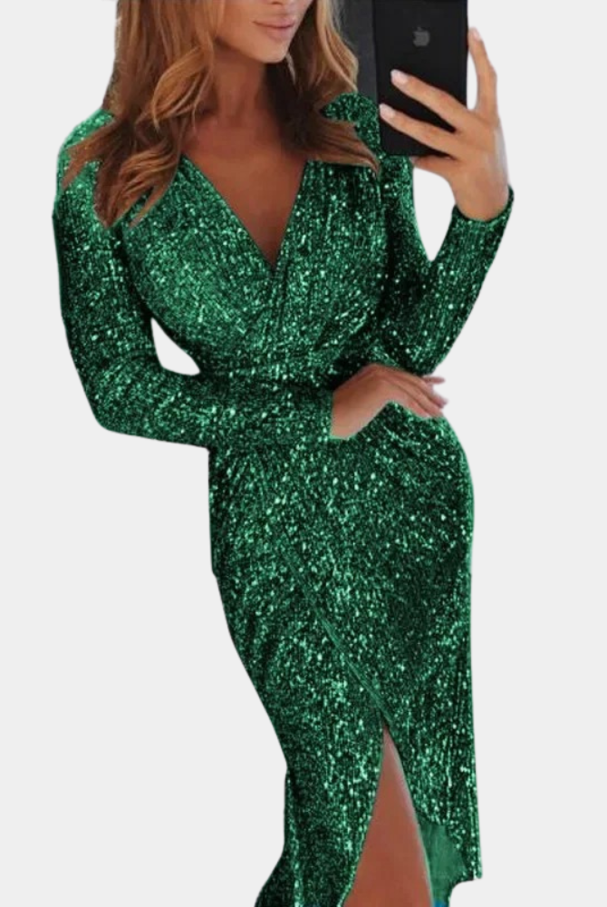 Women's Sequin Dress - Wrap Style - V-Neck - Long Sleeve - Fitted Silhouette - Slit Detail by Lumina Vancouver