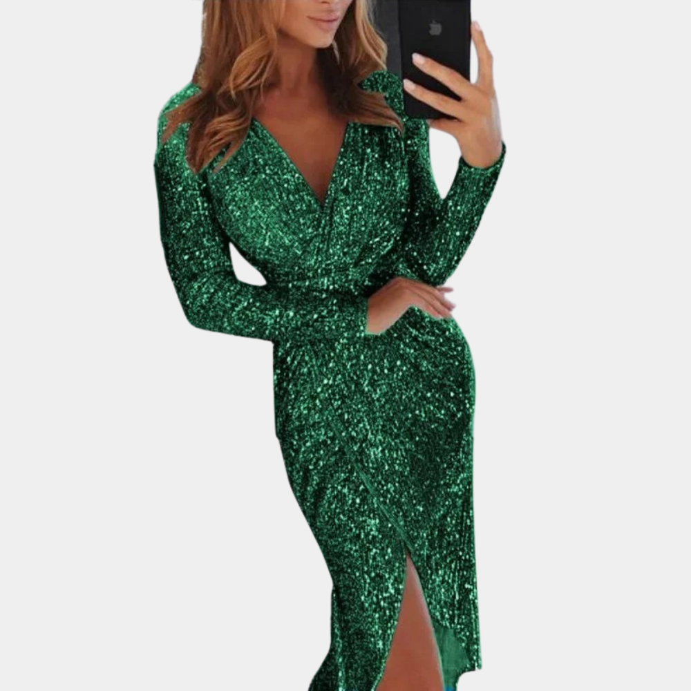 Women's Sequin Dress - Wrap Style - V-Neck - Long Sleeve - Fitted Silhouette - Slit Detail by Lumina Vancouver