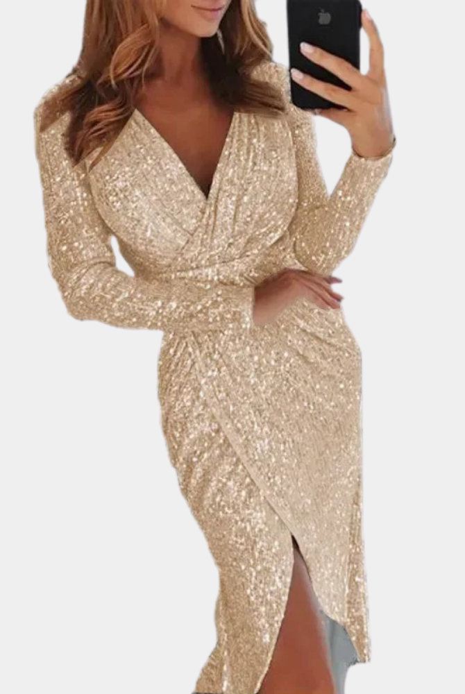 Women's Sequin Dress - Wrap Style - V-Neck - Long Sleeve - Fitted Silhouette - Slit Detail by Lumina Vancouver