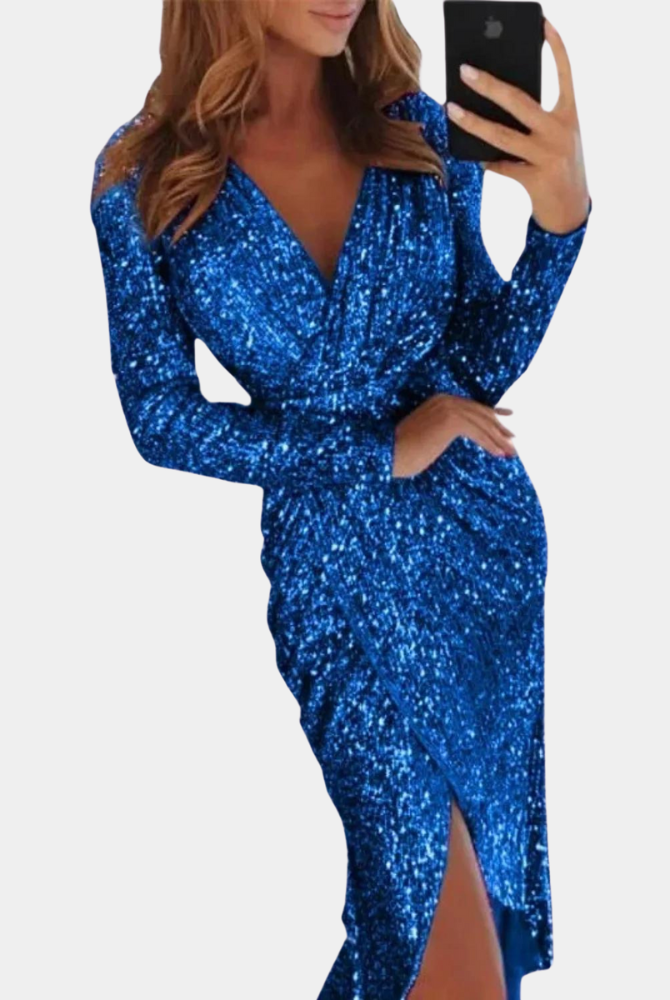 Women's Sequin Dress - Wrap Style - V-Neck - Long Sleeve - Fitted Silhouette - Slit Detail by Lumina Vancouver
