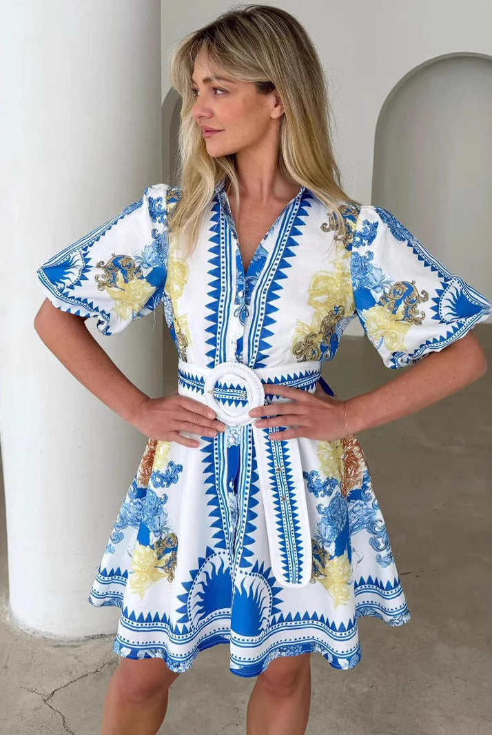 Women’s A-Line Dress – Cotton Blend – V-Neck – Puffed Sleeve – Belted – Short Length by Lumina Vancouver