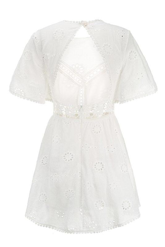 Women's Eyelet Dress - A-Line Silhouette - Short Bell Sleeves - Fitted Bodice by Lumina Vancouver