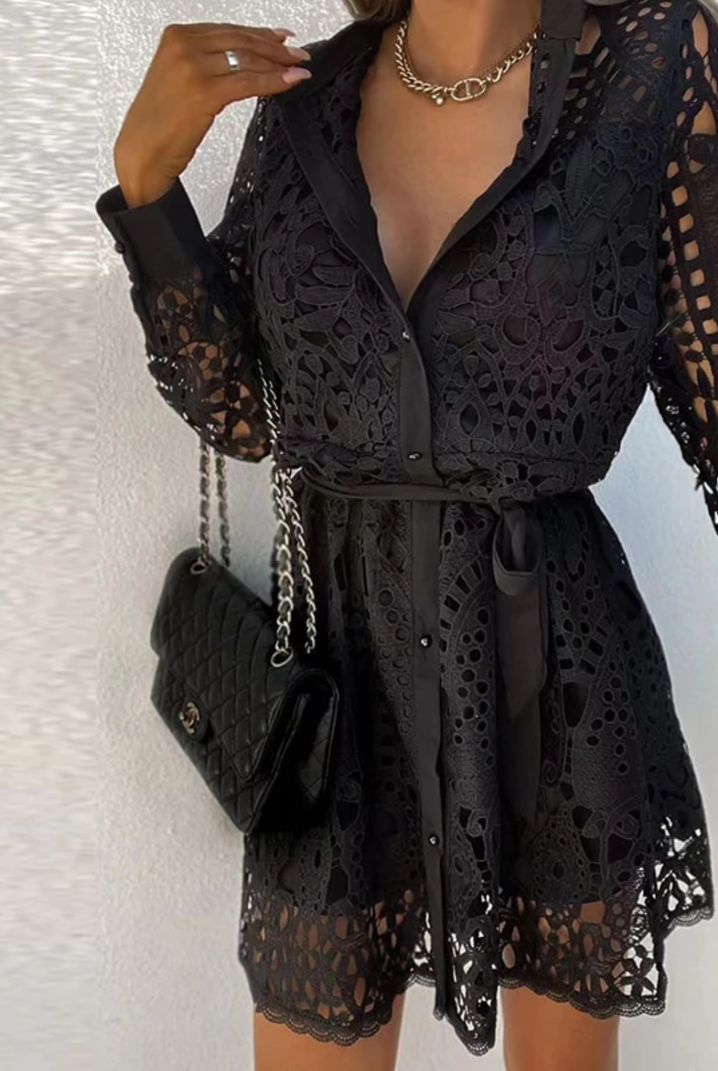 Women's Lace Dress - Knee-Length - Long Sleeve - Button-Up Shirt Style - Belted Waist by Lumina Vancouver