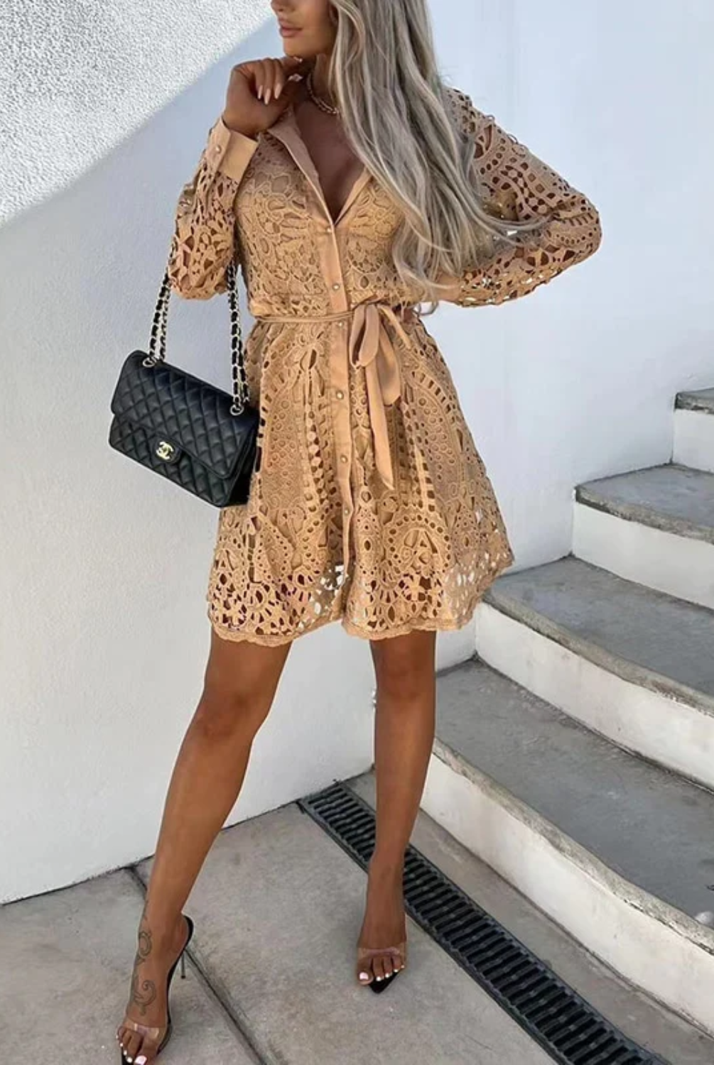 Women's Lace Dress - Knee-Length - Long Sleeve - Button-Up Shirt Style - Belted Waist by Lumina Vancouver