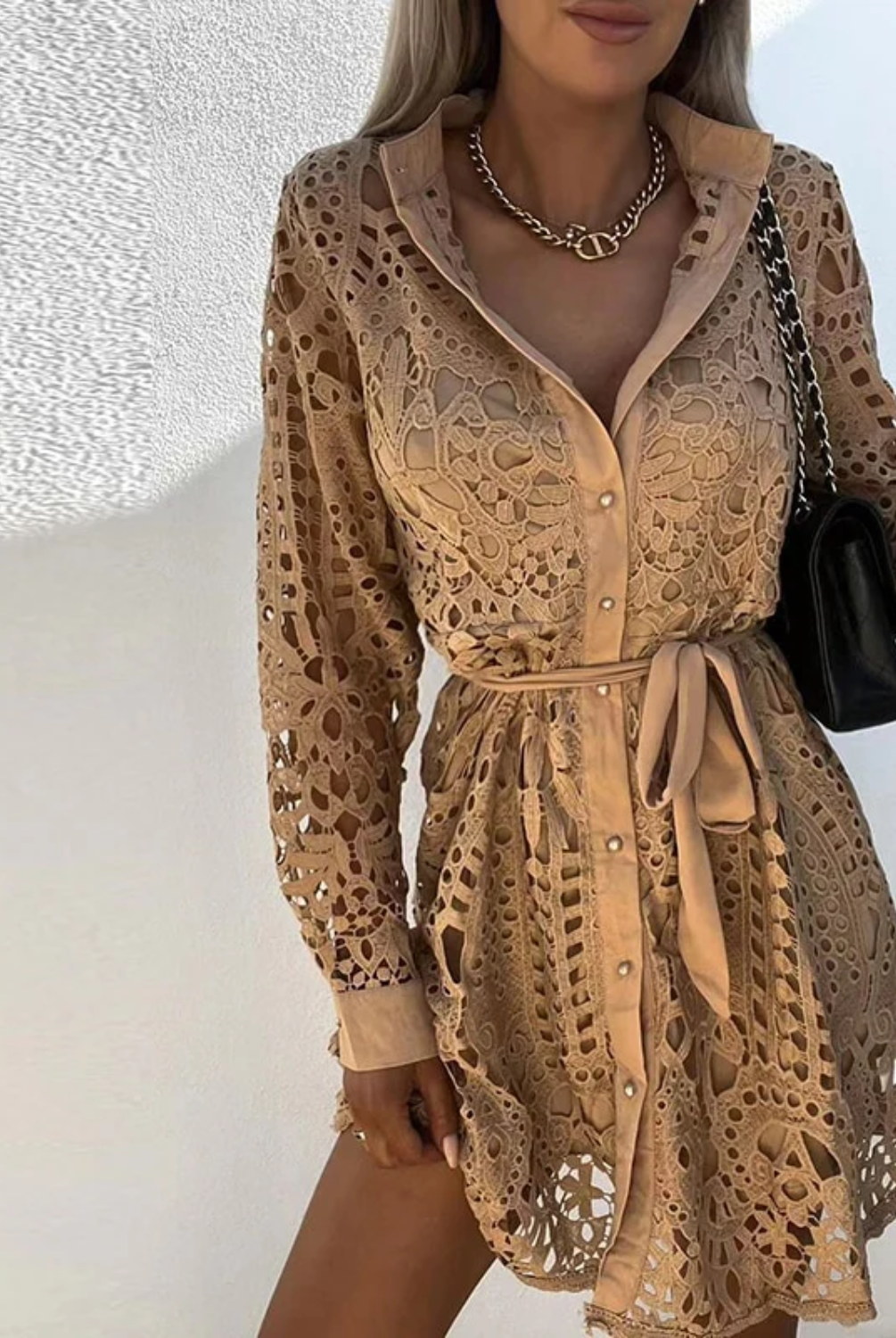 Women's Lace Dress - Knee-Length - Long Sleeve - Button-Up Shirt Style - Belted Waist by Lumina Vancouver