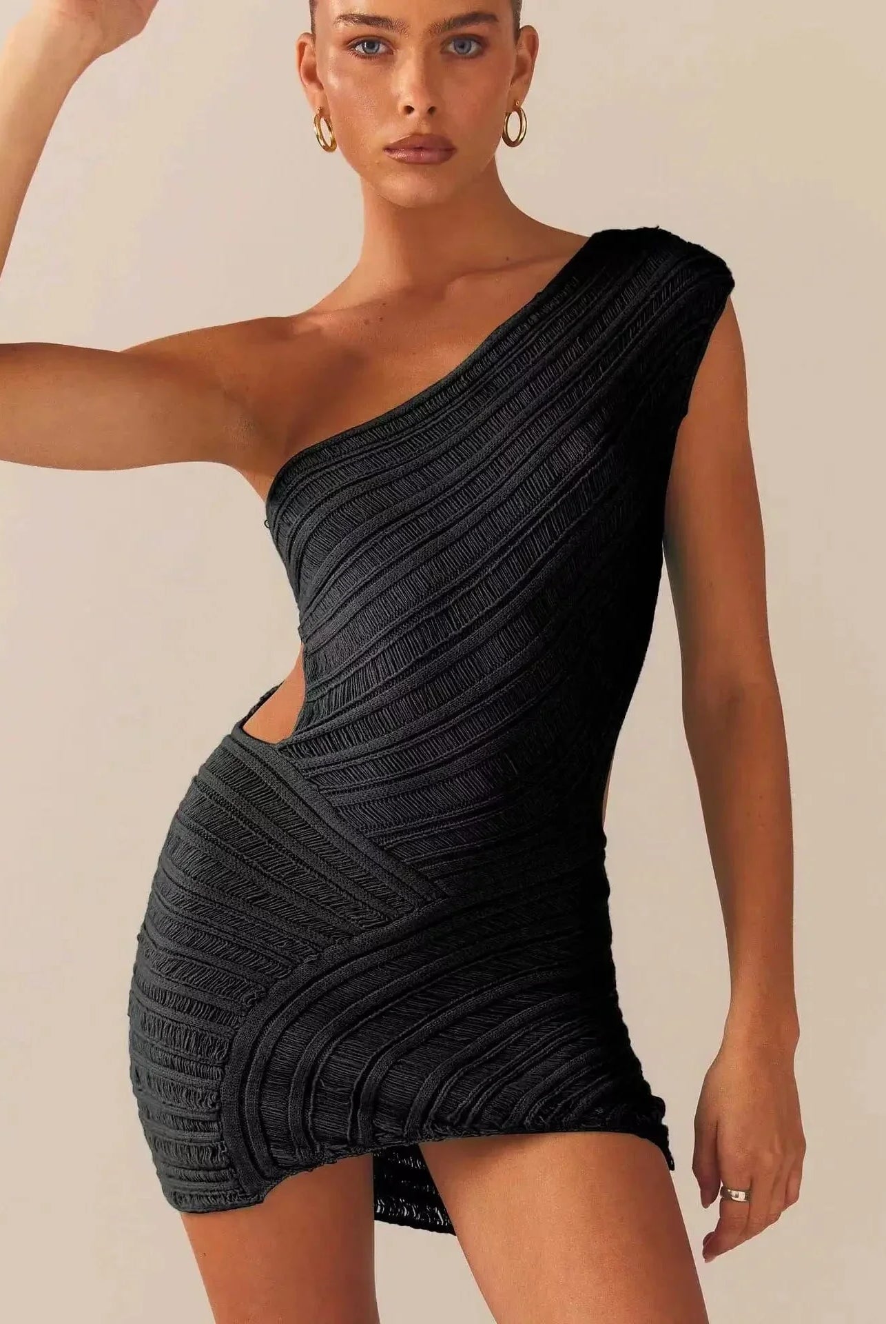Women's One-Shoulder Mini Dress - Fitted Silhouette - Textured Knit Design by Lumina Vancouver