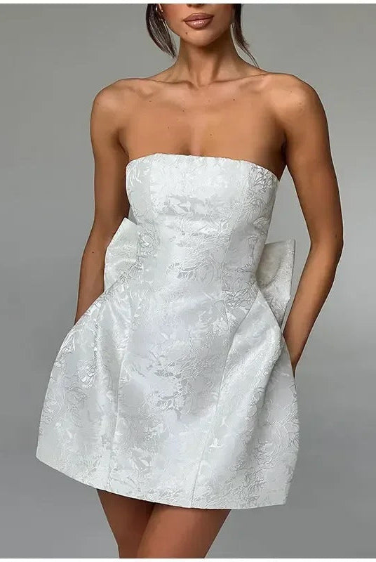 Women’s Mini Dress – Jacquard Fabric – Strapless Sweetheart Neck – Back Bow Detail by Lumina Vancouver