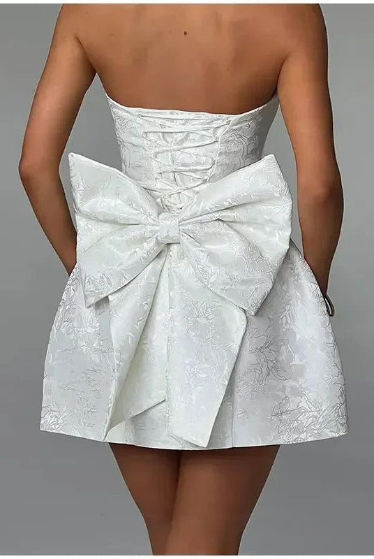 Women’s Mini Dress – Jacquard Fabric – Strapless Sweetheart Neck – Back Bow Detail by Lumina Vancouver
