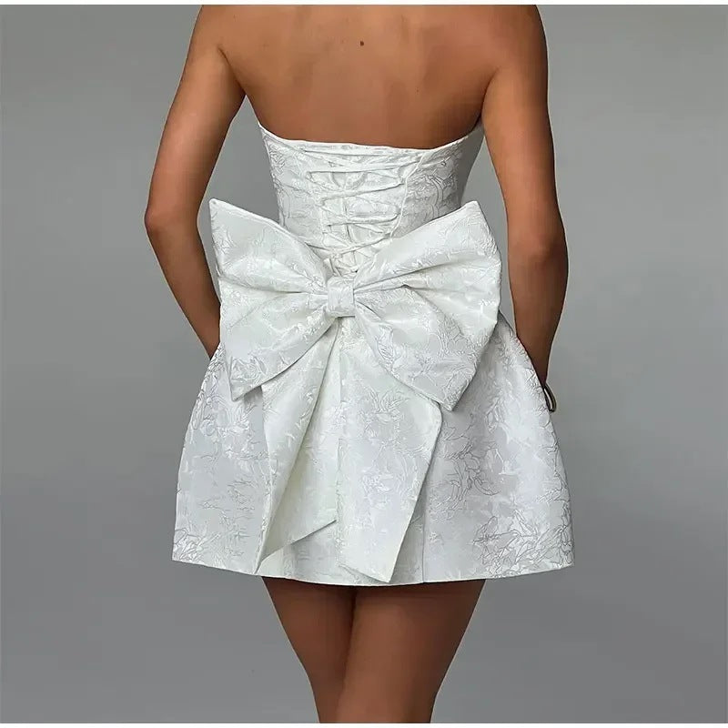 Women’s Mini Dress – Jacquard Fabric – Strapless Sweetheart Neck – Back Bow Detail by Lumina Vancouver