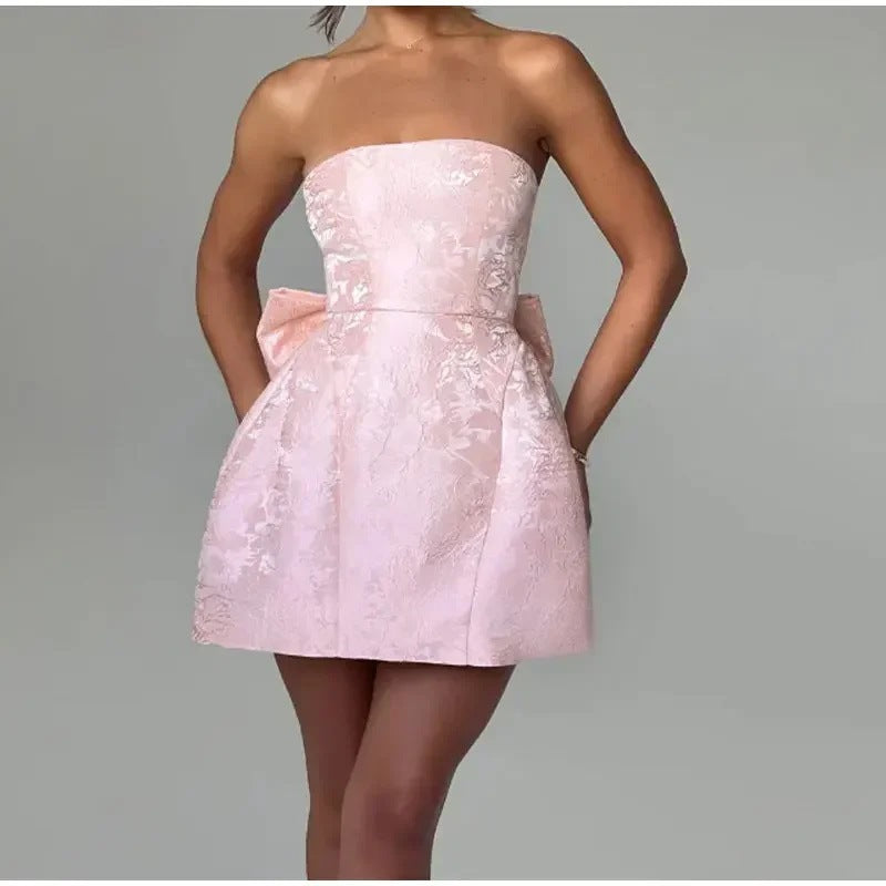 Women’s Mini Dress – Jacquard Fabric – Strapless Sweetheart Neck – Back Bow Detail by Lumina Vancouver