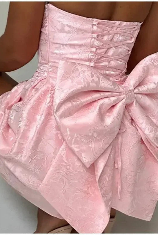 Women’s Mini Dress – Jacquard Fabric – Strapless Sweetheart Neck – Back Bow Detail by Lumina Vancouver