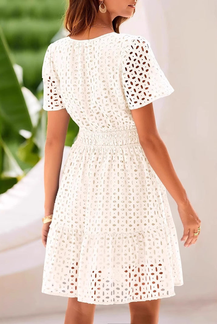 Women’s A-Line Dress – V-Neck – Eyelet Cotton Blend – Short Sleeve – Midi Length by Lumina Vancouver