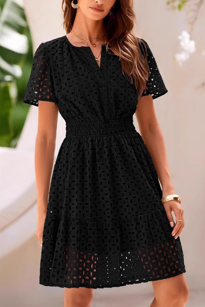 Women’s A-Line Dress – V-Neck – Eyelet Cotton Blend – Short Sleeve – Midi Length by Lumina Vancouver