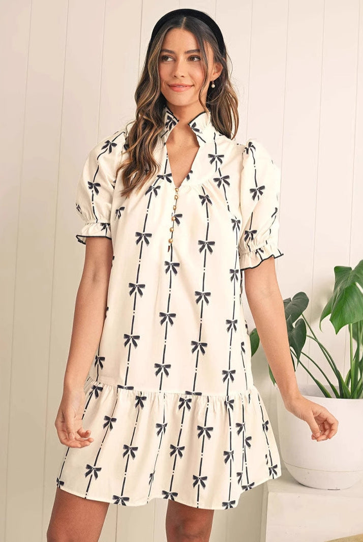 Women’s A-Line Dress – Lightweight Cotton – Puff Sleeve – Bow Print – Above Knee Fit by Lumina Vancouver