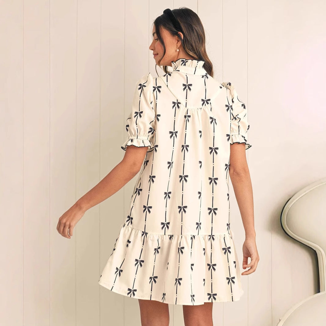 Women’s A-Line Dress – Lightweight Cotton – Puff Sleeve – Bow Print – Above Knee Fit by Lumina Vancouver