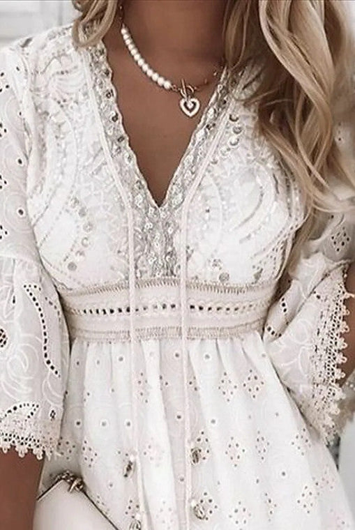 Women's V-Neck Dress - Embroidered Boho Style - Lace Trim - Tiered Skirt by Lumina Vancouver