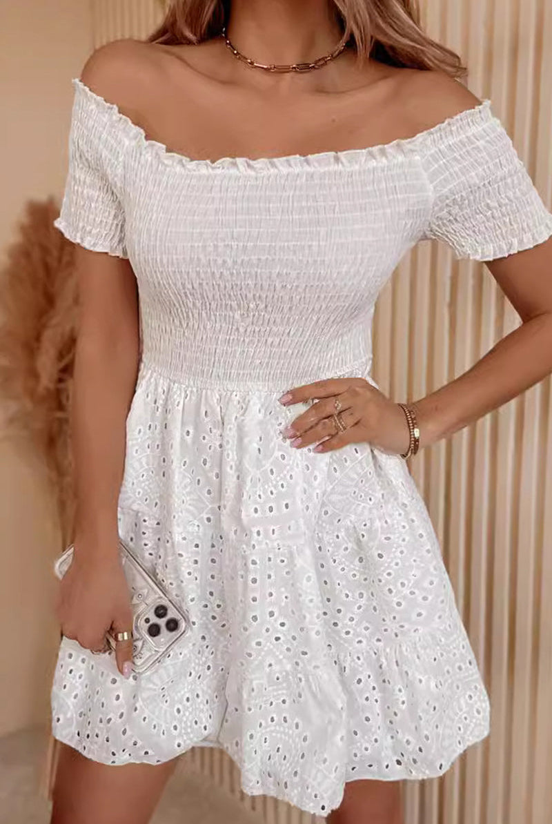 Women's Off-Shoulder Dress - Smocked Bodice - A-Line Eyelet Skirt - Short Sleeve by Lumina Vancouver