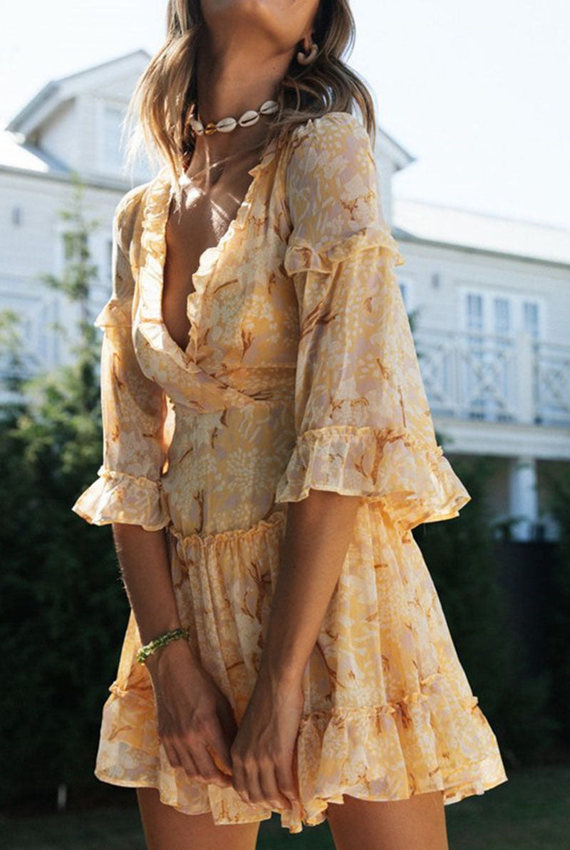 Women's V-Neck Dress - Floral Print - Bell Sleeves - Lightweight Flowy Fit by Lumina Vancouver