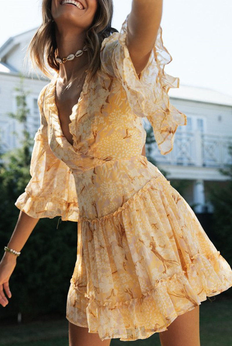 Women's V-Neck Dress - Floral Print - Bell Sleeves - Lightweight Flowy Fit by Lumina Vancouver