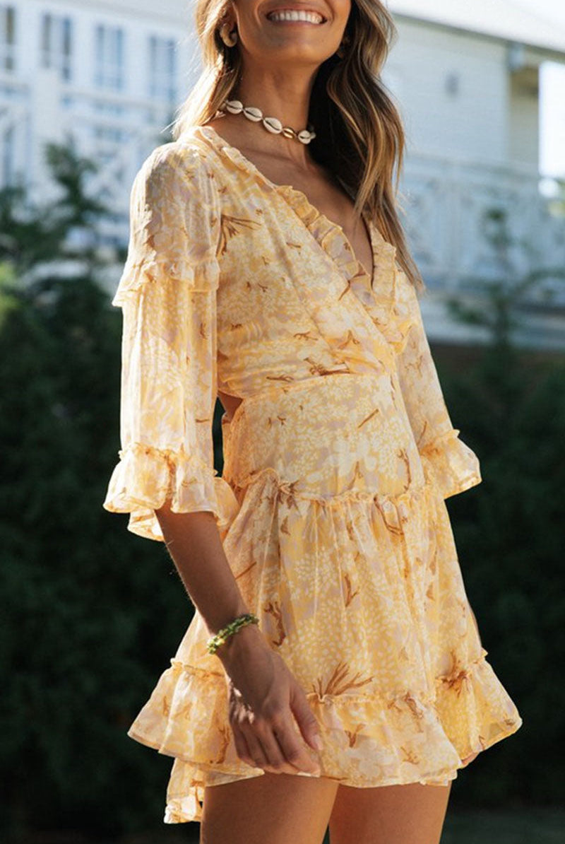 Women's V-Neck Dress - Floral Print - Bell Sleeves - Lightweight Flowy Fit by Lumina Vancouver