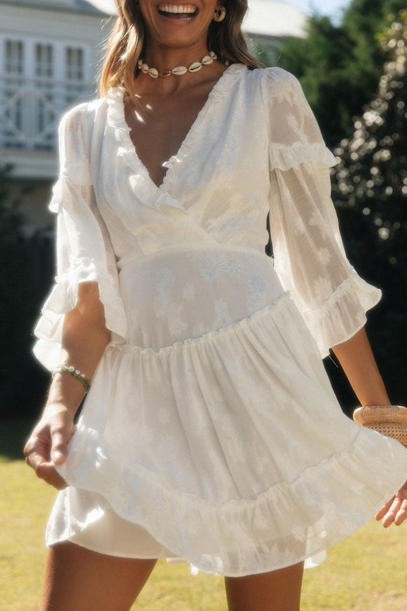 Women's V-Neck Dress - Floral Print - Bell Sleeves - Lightweight Flowy Fit by Lumina Vancouver