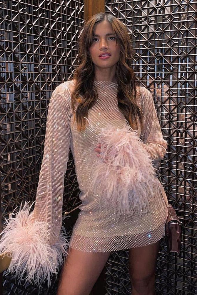 Women's Sequin Mini Dress - Fitted Silhouette - Long Sleeve with Feather Cuffs by Lumina Vancouver