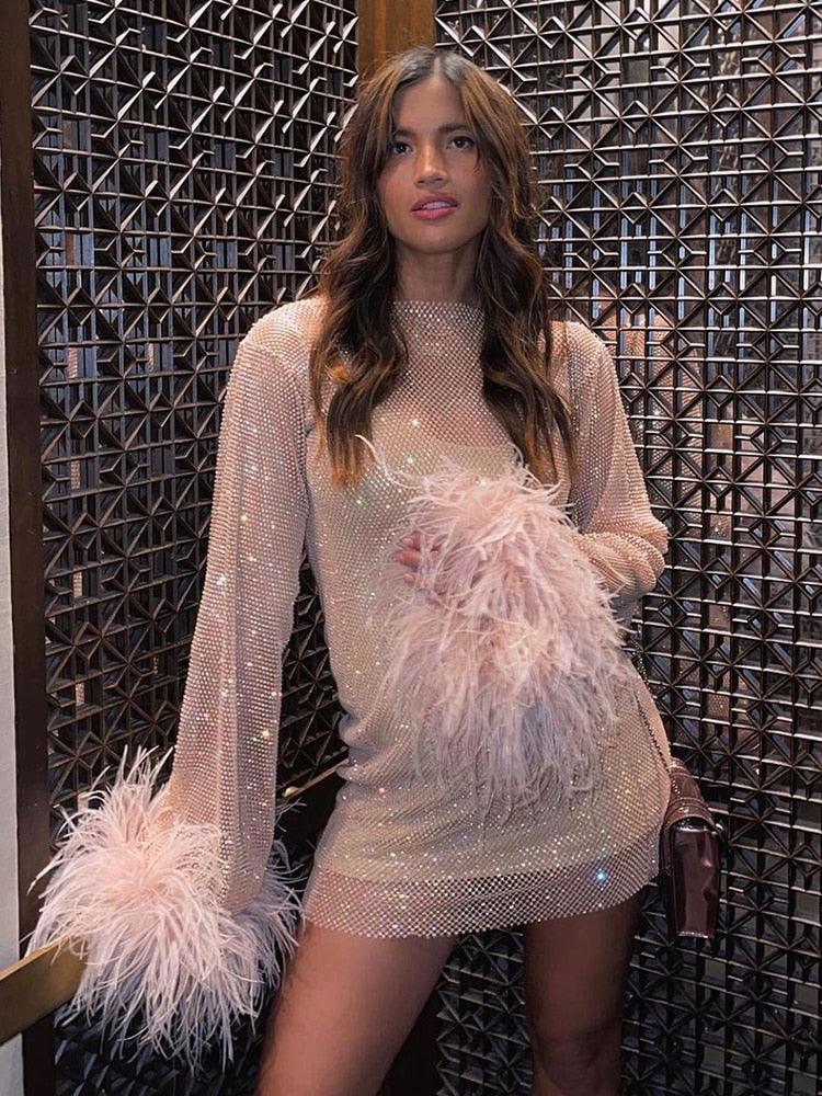 Women's Sequin Mini Dress - Fitted Silhouette - Long Sleeve with Feather Cuffs by Lumina Vancouver