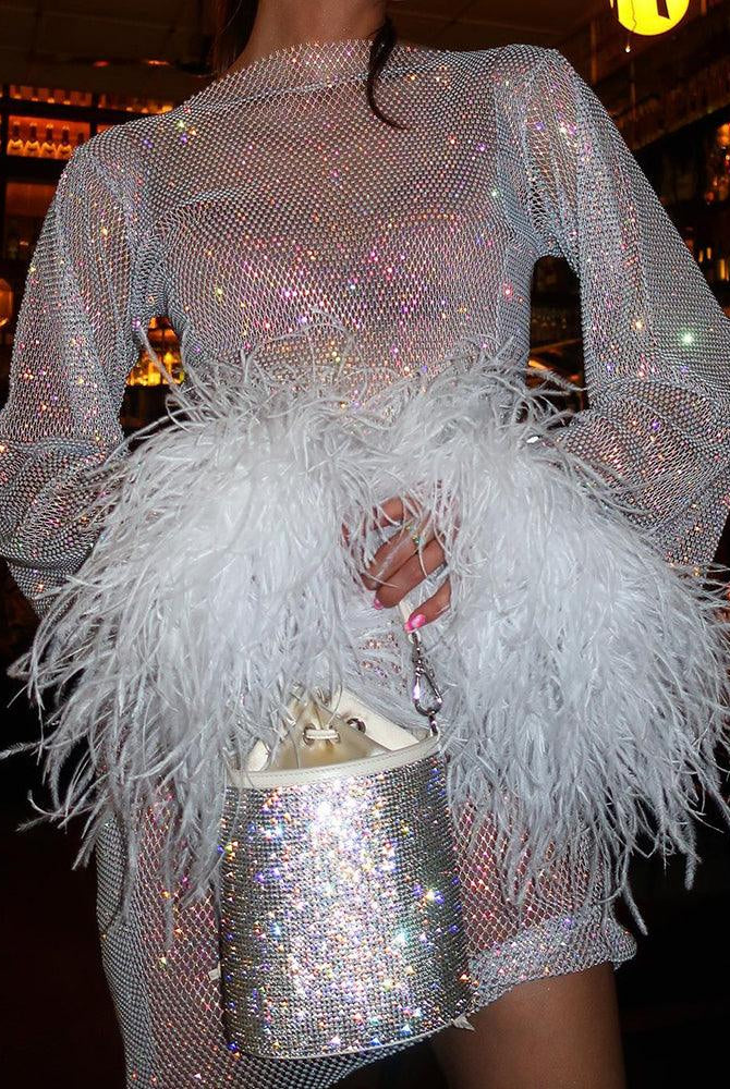 Women's Sequin Mini Dress - Fitted Silhouette - Long Sleeve with Feather Cuffs by Lumina Vancouver