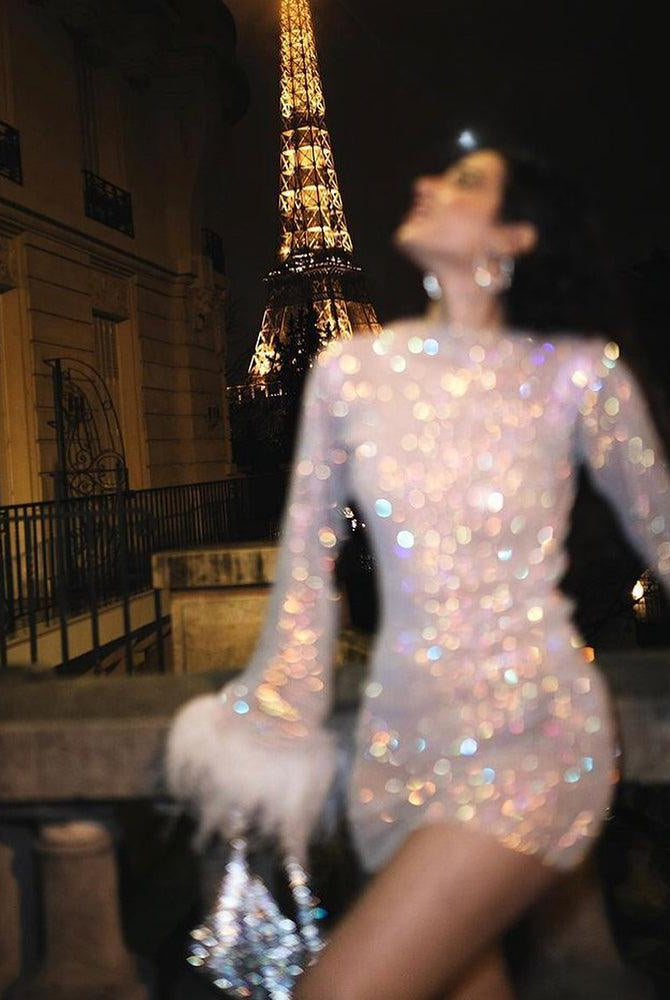 Women's Sequin Mini Dress - Fitted Silhouette - Long Sleeve with Feather Cuffs by Lumina Vancouver