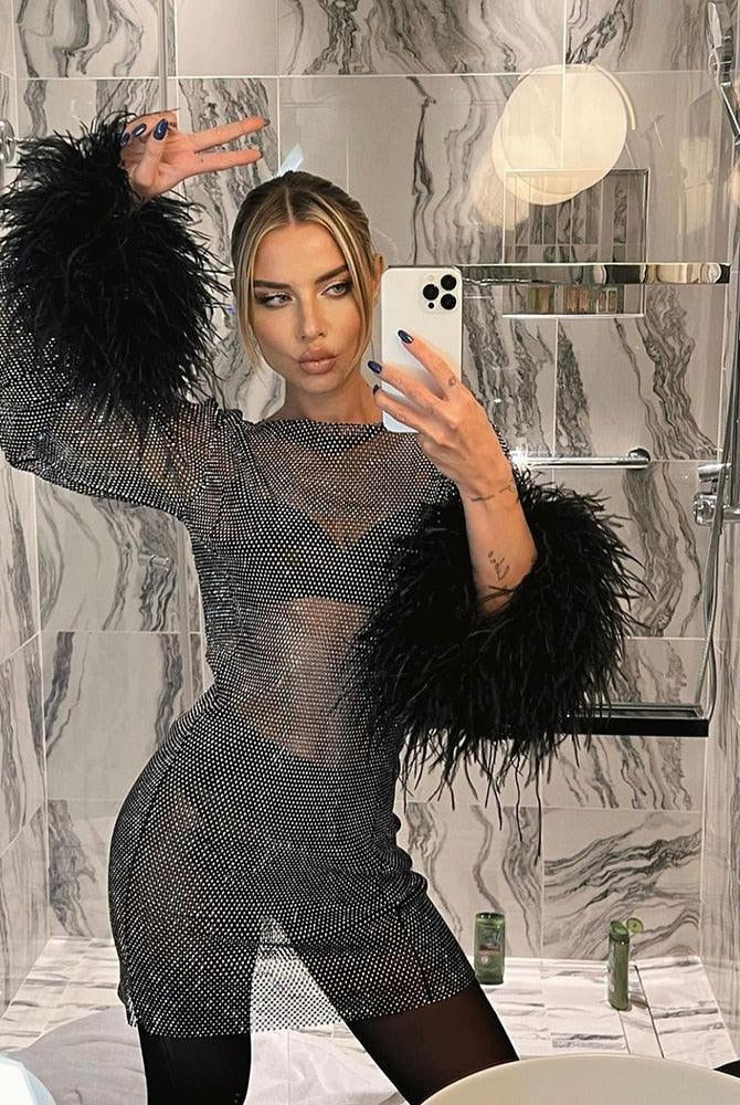 Women's Sequin Mini Dress - Fitted Silhouette - Long Sleeve with Feather Cuffs by Lumina Vancouver