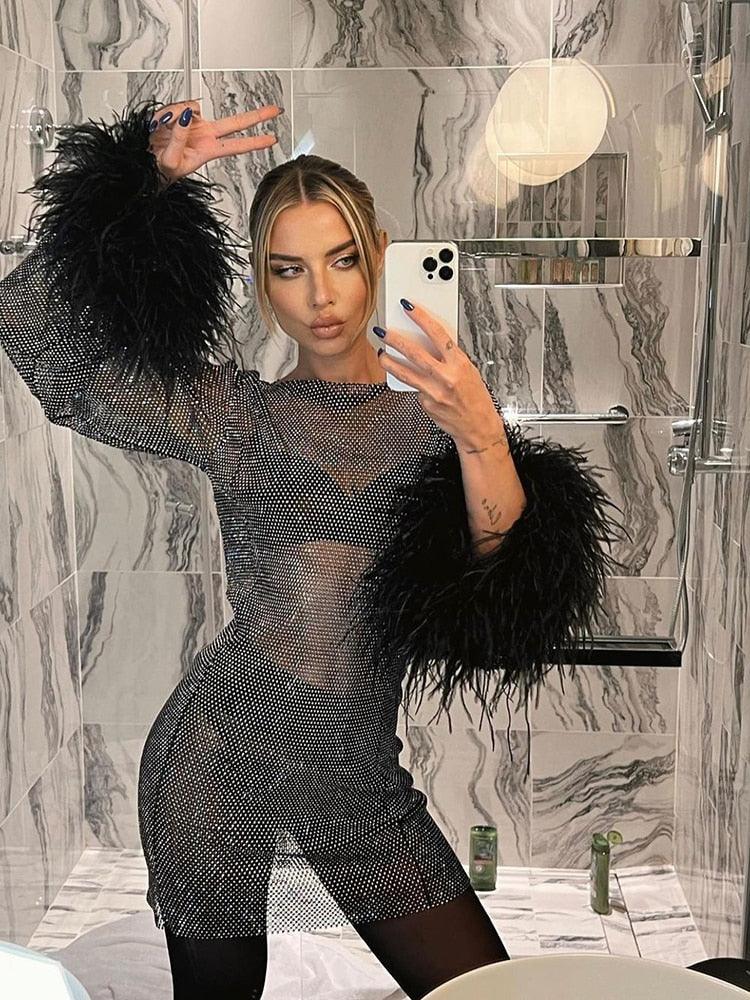 Women's Sequin Mini Dress - Fitted Silhouette - Long Sleeve with Feather Cuffs by Lumina Vancouver