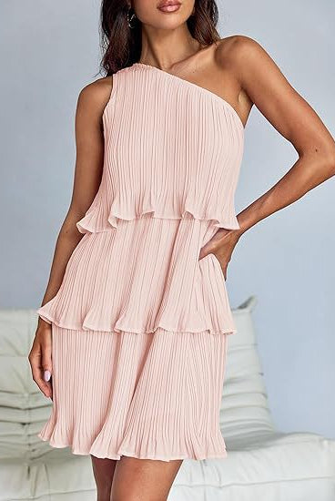 Women's Pleated One-Shoulder Dress - Ruffle Layered Design by Lumina Vancouver