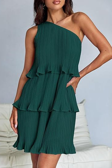 Women's Pleated One-Shoulder Dress - Ruffle Layered Design by Lumina Vancouver