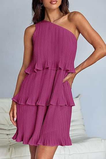 Women's Pleated One-Shoulder Dress - Ruffle Layered Design by Lumina Vancouver