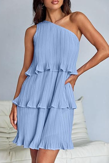 Women's Pleated One-Shoulder Dress - Ruffle Layered Design by Lumina Vancouver