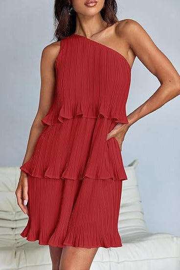 Women's Pleated One-Shoulder Dress - Ruffle Layered Design by Lumina Vancouver