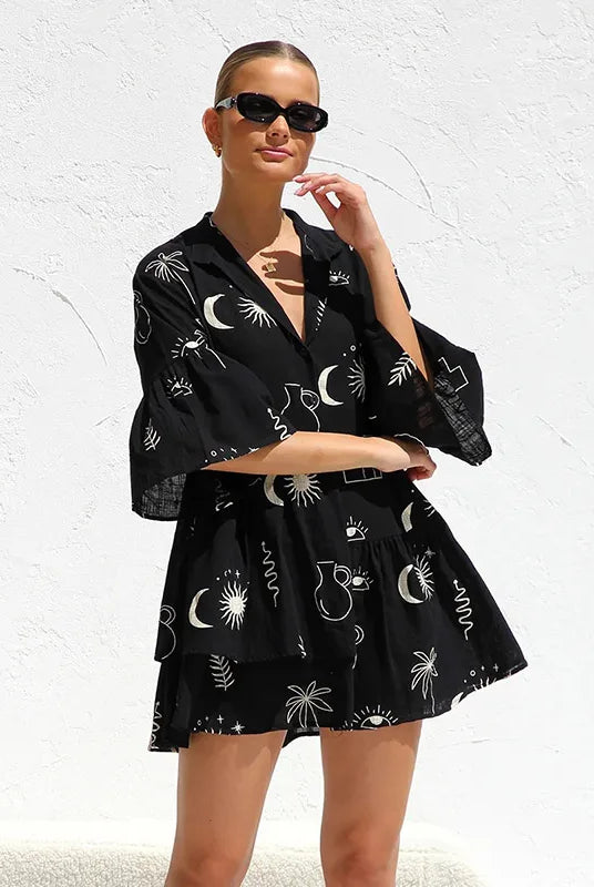 Women's Shirt Dress - Deep V-Neck Collar - Flared Skirt - Celestial Print Trendy Fit by Lumina Vancouver