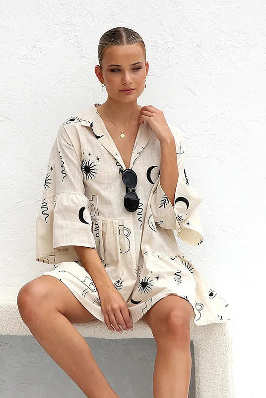 Women's Shirt Dress - Deep V-Neck Collar - Flared Skirt - Celestial Print Trendy Fit by Lumina Vancouver