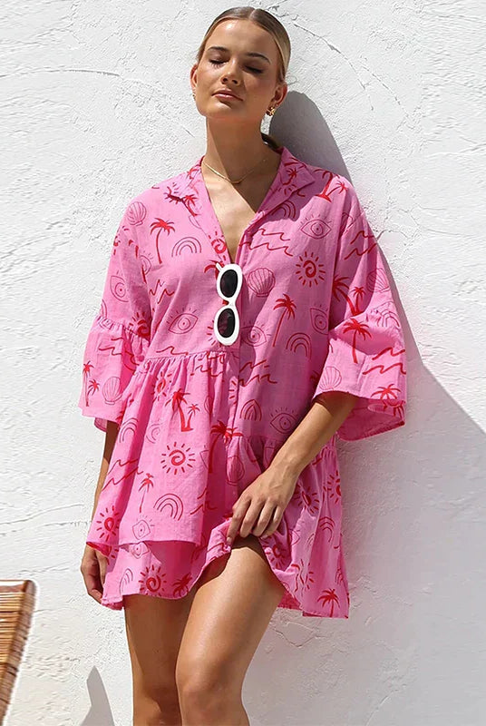 Women's Shirt Dress - Deep V-Neck Collar - Flared Skirt - Celestial Print Trendy Fit by Lumina Vancouver