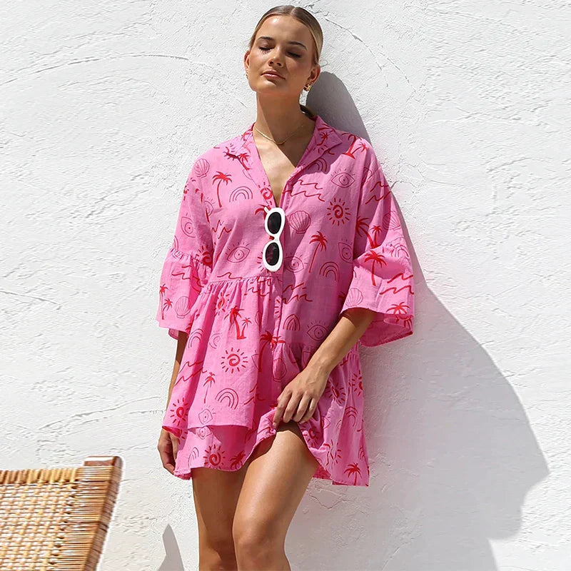 Women's Shirt Dress - Deep V-Neck Collar - Flared Skirt - Celestial Print Trendy Fit by Lumina Vancouver