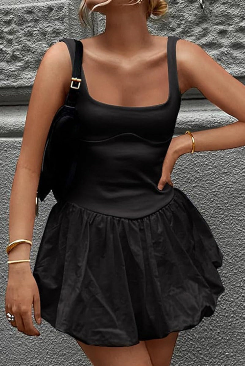 Women's Mini Dress - Sleeveless Bubble Hem - Fitted Bodice Scoop Neck - Flowy Skirt by Lumina Vancouver