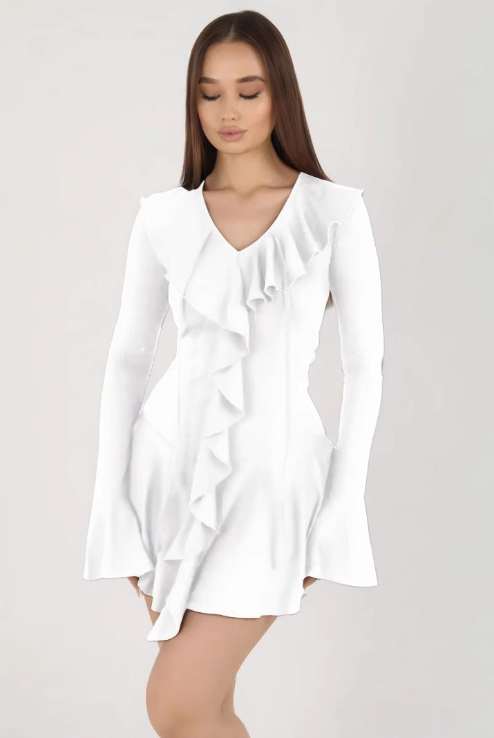 Women’s Mini Dress – Slim Fit – V-Neck – Ruffle Front – Bell Sleeves – Flared Skirt by Lumina Vancouver