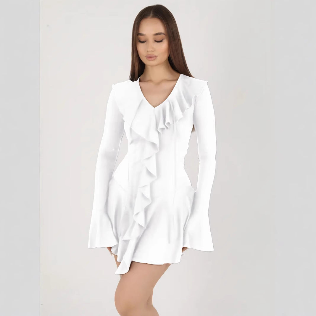 Women’s Mini Dress – Slim Fit – V-Neck – Ruffle Front – Bell Sleeves – Flared Skirt by Lumina Vancouver