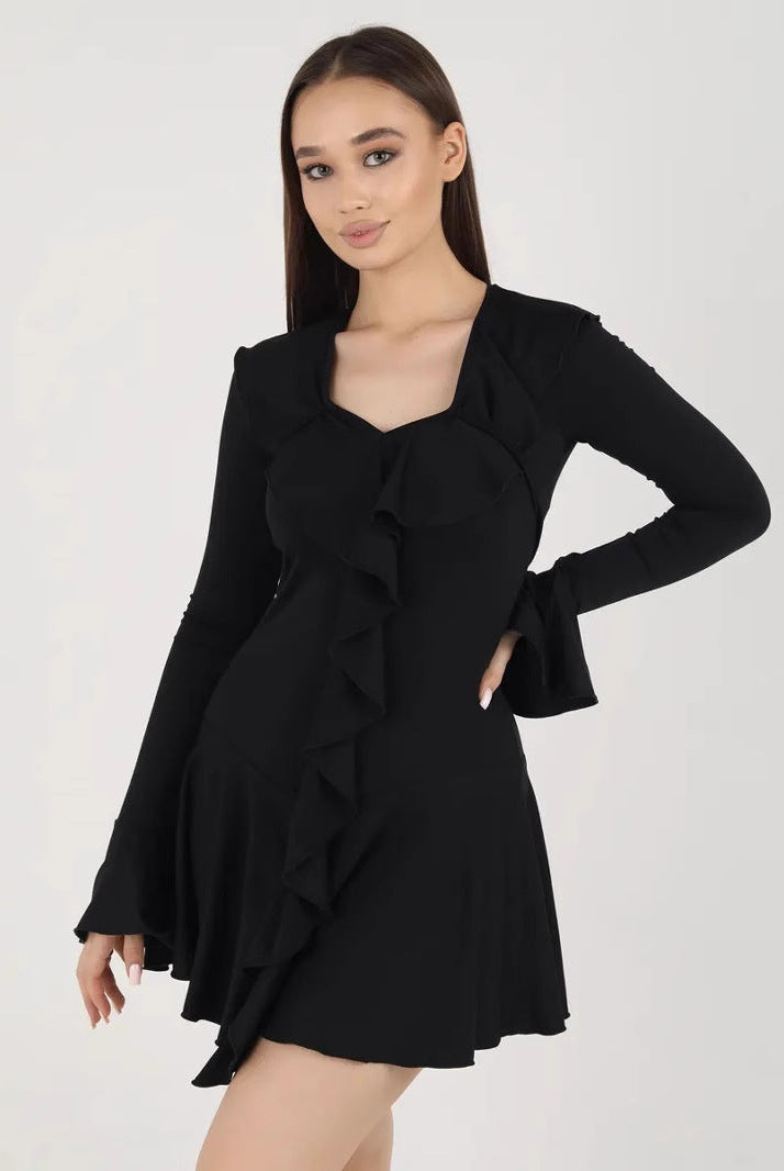 Women’s Mini Dress – Slim Fit – V-Neck – Ruffle Front – Bell Sleeves – Flared Skirt by Lumina Vancouver